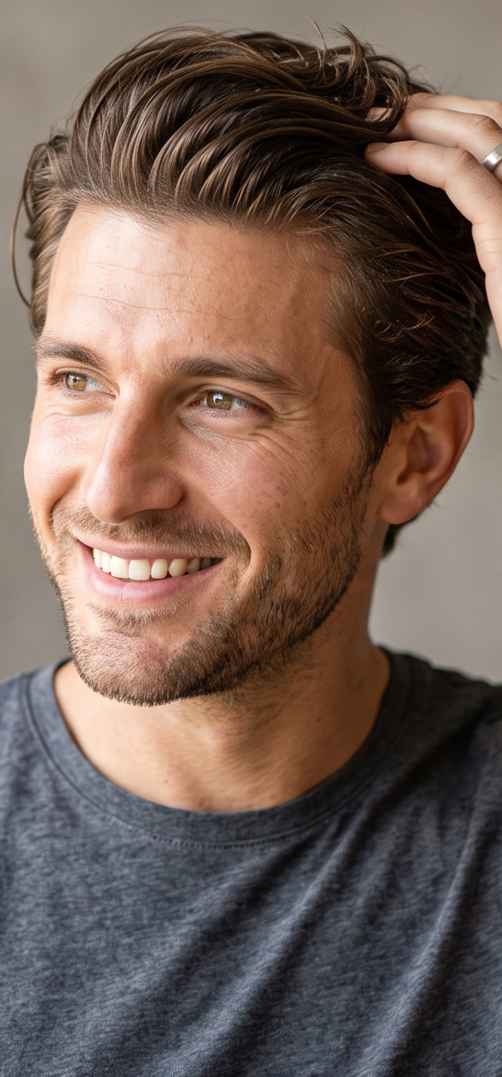 immagine di un uomo che sorride con i capelli abbastanza lunghi ingellati